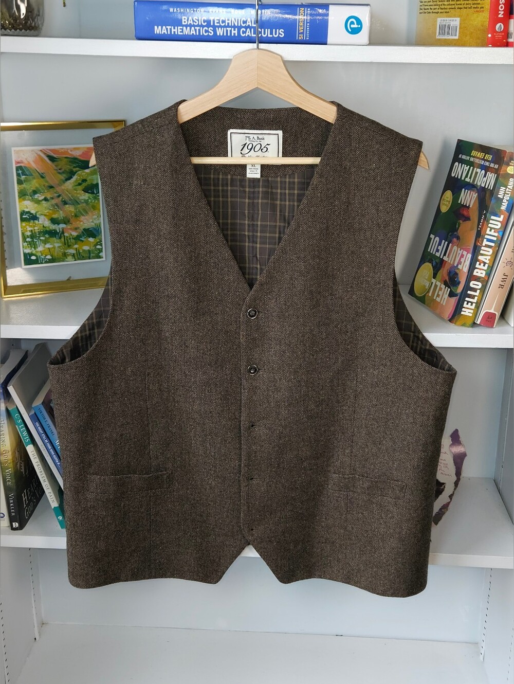Jos A. Bank Brown Wool Vest Tweed Plaid Lining Size XL Professor Teacher Preppy